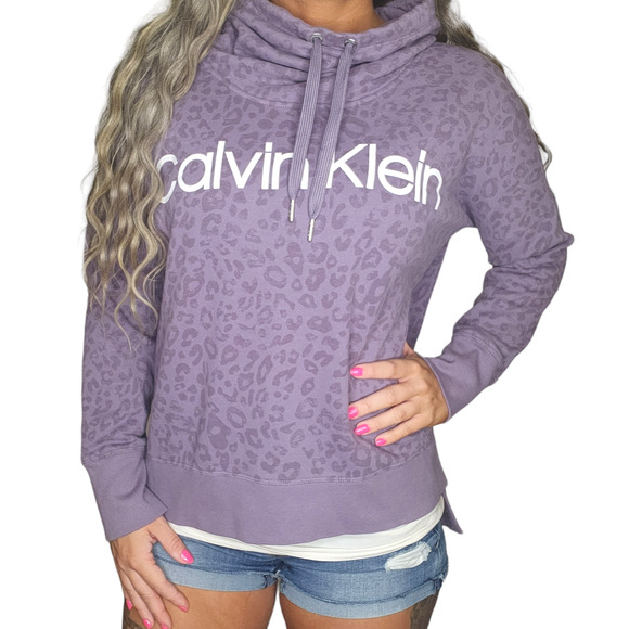 Purple Cheetah Sweater Womens Large Calvin Klein Turtleneck Comfy Relaxed Cotton - Picture 1 of 12